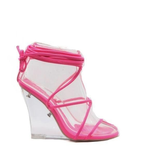 Lace Up Clear Lucite Wedges in Fuchsia - Picture 2 of 6